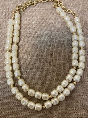 Chico's Gold Multi Strand Faux Pearl Choker Necklace Cross Key Charm Statement